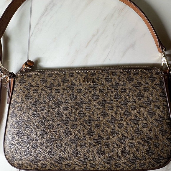 Dkny Handbags - DKNY Brown Monogram Crossbody Bag with Tan Strap